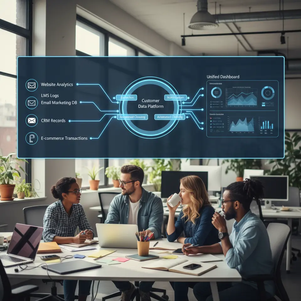 A detailed data pipeline illustration showing multiple sources—website analytics, LMS logs, email marketing database, CRM records, and e-commerce transactions—flowing into a central customer data platform. Include visual stages for data extraction, normalization (standardizing formats), deduplication, automated cleaning, and enrichment, culminating in a unified dashboard.