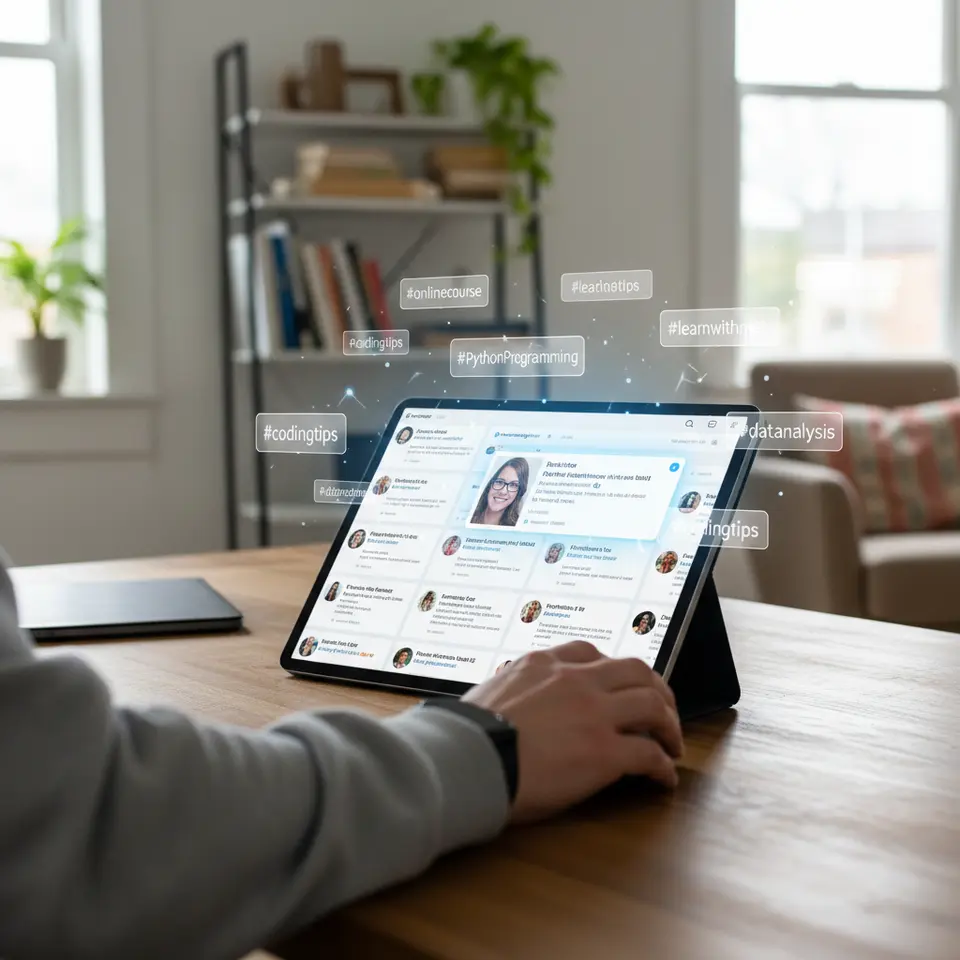 Hashtag and Topic Tag Exploration – A digital dashboard or smartphone screen filled with social posts and floating hashtag labels like #onlinecourse, #PythonProgramming, #learnwithme. A user’s hand or cursor highlights top posts, visually representing the process of discovering niche micro-influencers through topic tags.