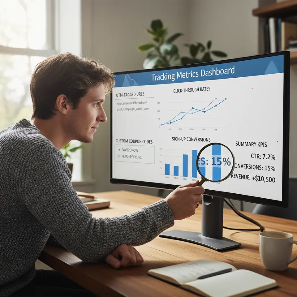 Tracking Metrics Dashboard – A marketer’s workspace showing a computer screen with UTM-tagged URLs, custom coupon codes, and real-time analytics: line charts of click-through rates, bar graphs of sign-up conversions, and summary KPIs. A magnifying glass or pointer emphasizes key performance metrics.