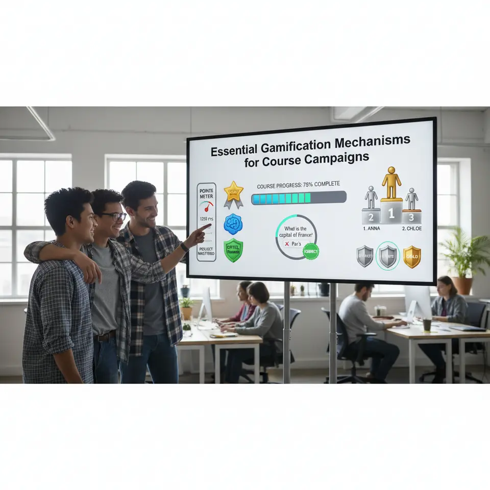 Essential Gamification Mechanisms for Course Campaigns: A vibrant infographic showcasing key game elements—points meters, colorful achievement badges, a filling progress bar, a quiz popup with checkmarks, a leaderboard podium, and tiered Bronze-Silver-Gold icons