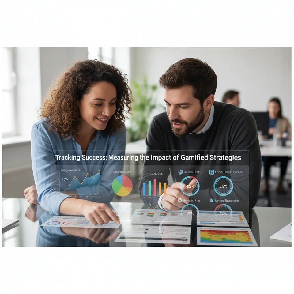 Tracking Success: Measuring the Impact of Gamified Strategies: A dynamic analytics dashboard visual featuring charts and graphs for engagement rate, conversion rate, time-on-site, social share counters, reward redemption gauges, and a mini heatmap overlay