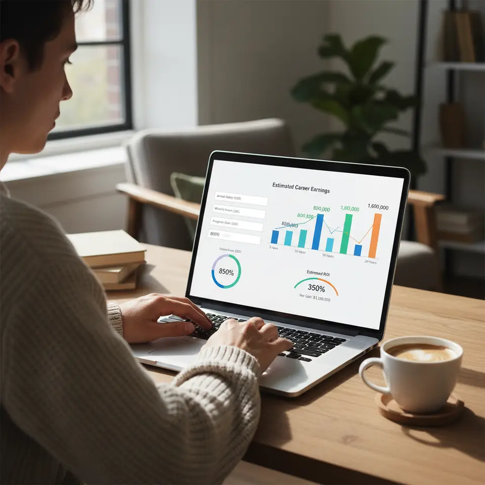 An interactive online calculator interface where a user inputs salary, time commitment, and program cost into fields; dynamic bar charts and summary numbers animate on screen to display estimated career earnings and ROI, with sleek modern design and data visualizations.