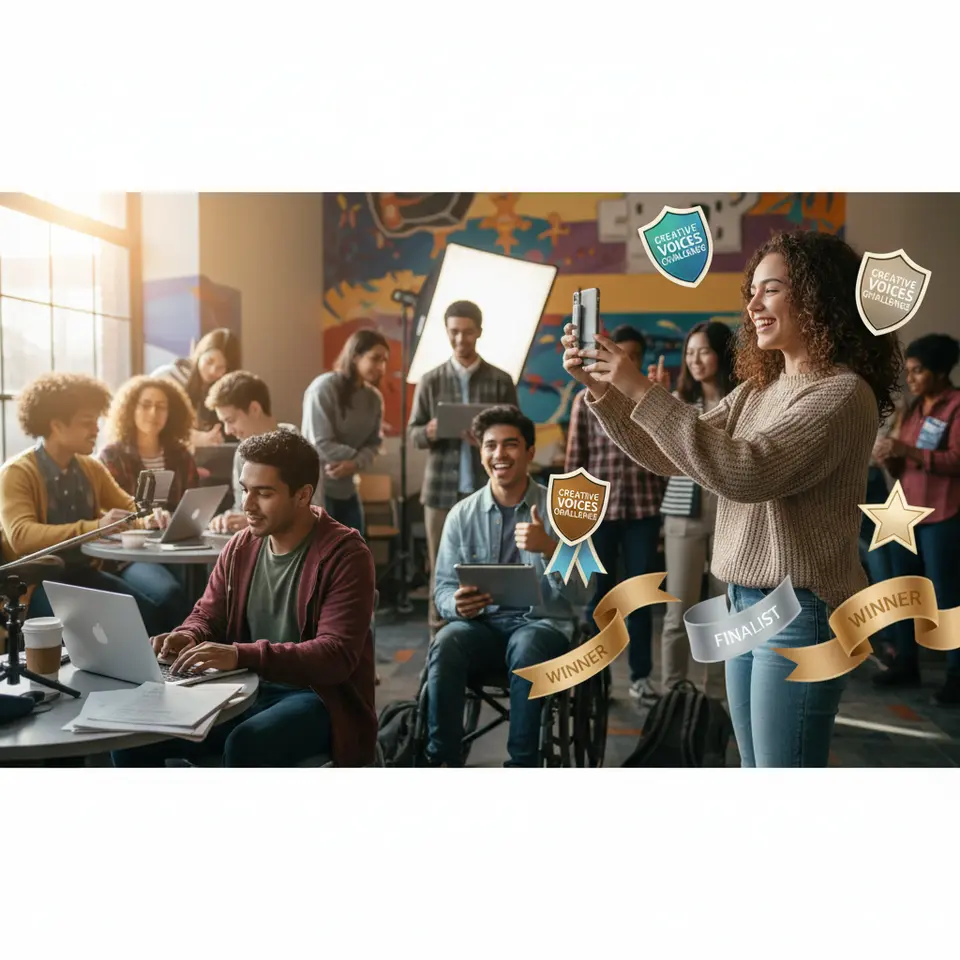 A vibrant contest scene showing diverse students recording and submitting creative video testimonials via smartphones and laptops, digital badges and prize ribbons floating around to emphasize a branded challenge and reward system